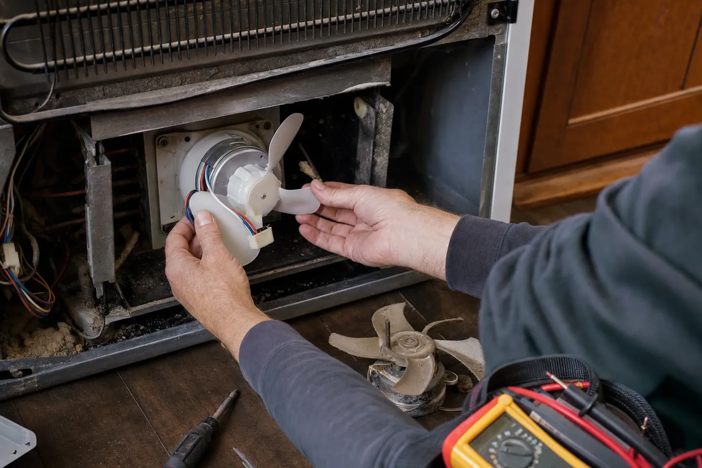 Hands fitting a fan blade onto a replacement motor at an open lower machine compartment, the old dusty fan and a multimeter on the floor