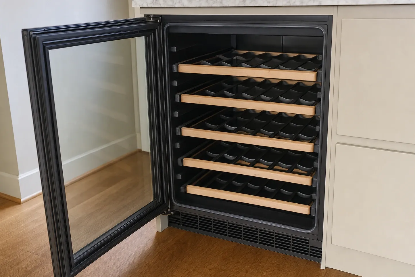 Undercounter wine cabinet with its glass door open and five empty wooden-fronted bottle racks, built into cream cabinetry under a stone top
