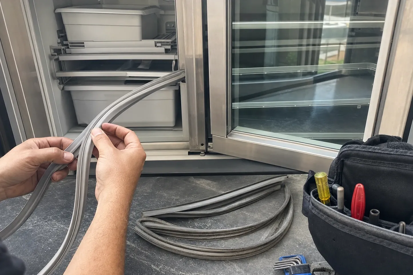 Hands holding a replacement flexible door gasket in front of an open stainless column, freezer baskets on the left, the old gasket coiled on the counter