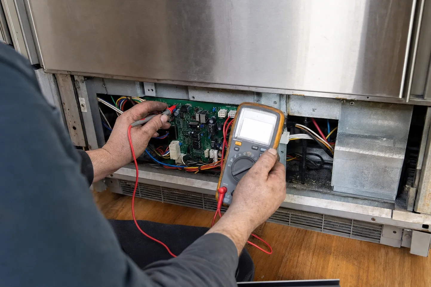 A multimeter probe held against the exposed control board behind the lower panel of a stainless cabinet, a loom of coloured wiring running away behind it