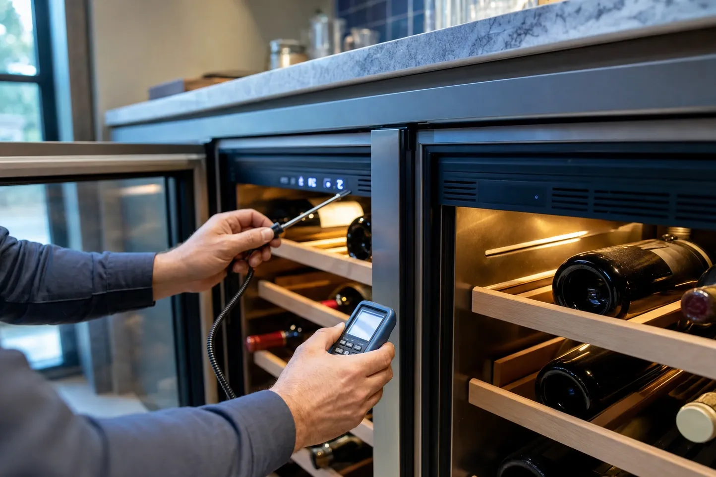 Two glass-fronted wine cabinets under one stone counter, bottles lying on pale wooden racks, a hand holding a temperature probe to a shelf while the other holds the readout