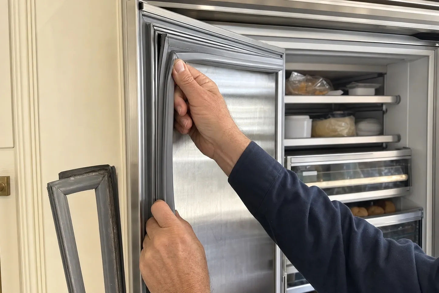 Both hands pressing a new flexible door gasket into the channel of a tall built-in door, the hardened gasket that came off standing against the cabinet