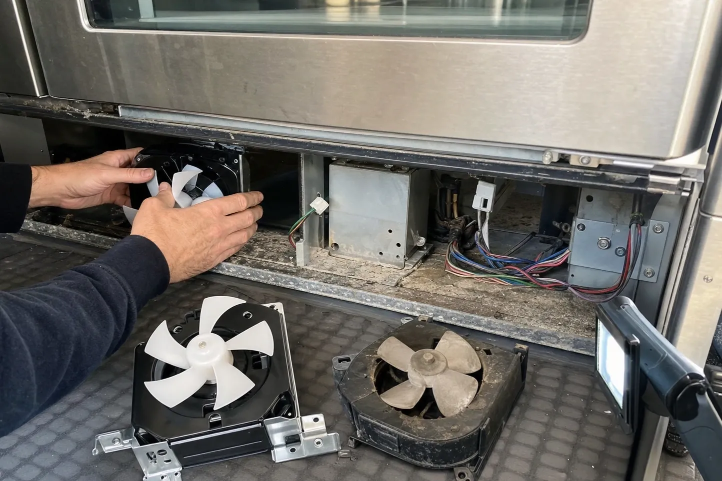 Hands holding a new condenser fan assembly at an open lower compartment, a second replacement and the old grease-darkened fan lying on the mat below